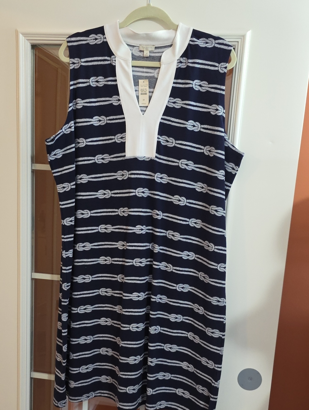 Talbots Navy and White Sleeveless Rope-Print Shift Dress - Picture 1 of 5